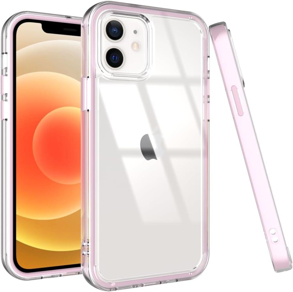 Puxicu Acrylic 2 in 1 for iPhone 12 CaseAnti-Yellowing, Military-Grade Protection, Drop Shockproof Slim Phone Cover for iPhone 12 Pro 6.1", Clear+Light Pink