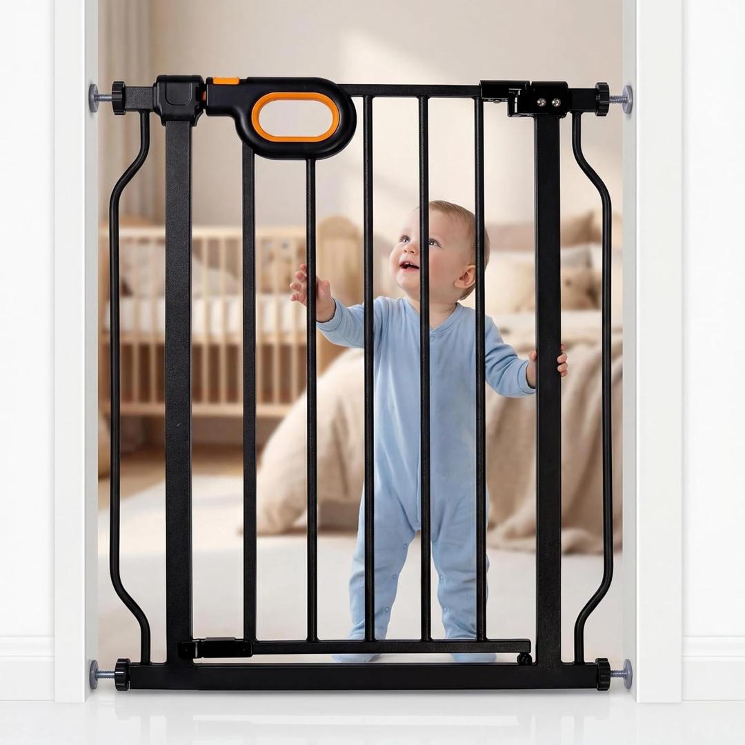 Small Narrow Baby Gate for Stairs 23.8-28.3 Inch Wide Narrow Dog gate No Drilling with Walk-Through Door,Black