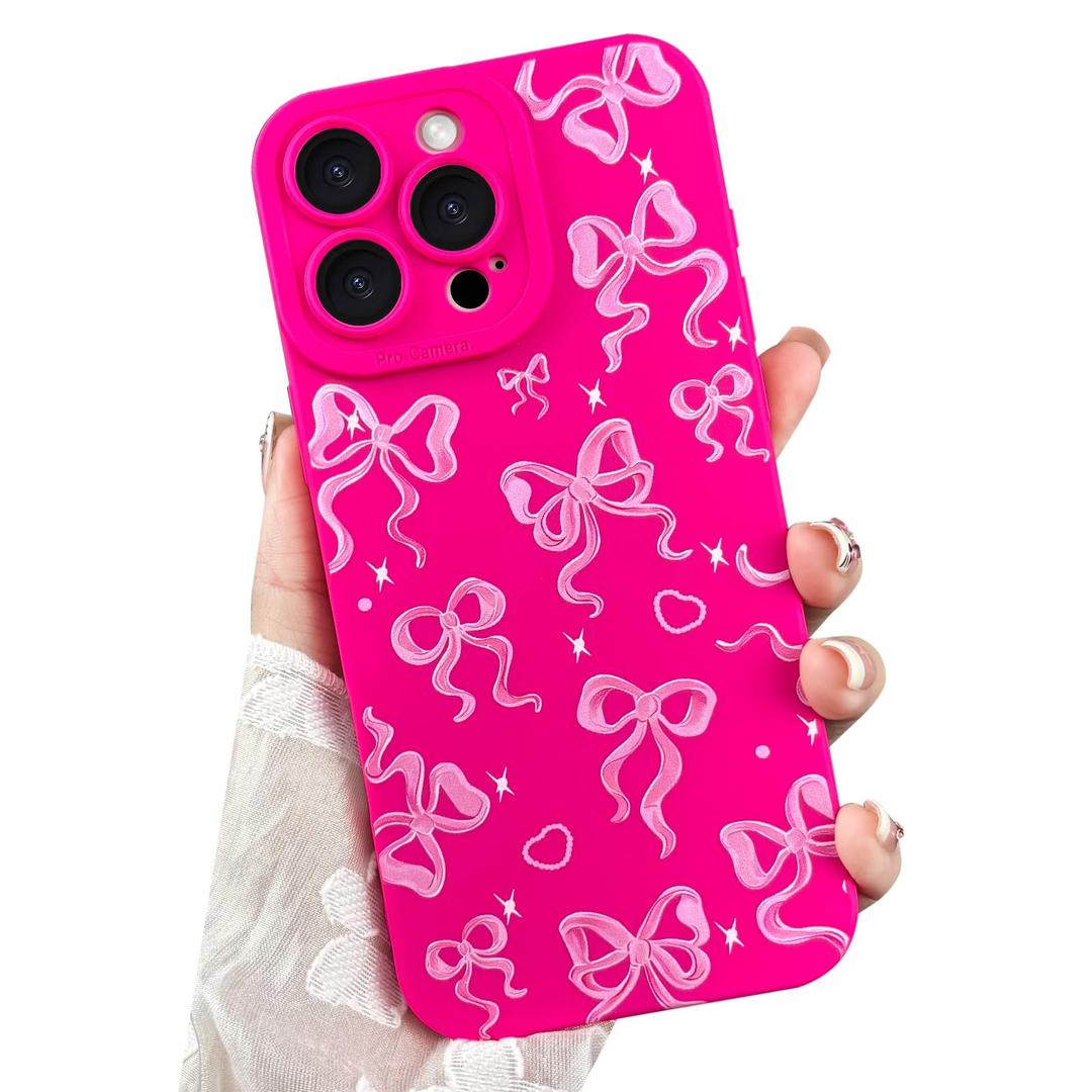 Oylaxoy for iPhone 12 Case with Bow Pattern, Cute Hot Pink Print Heart Bowknot Phone Case for Women Girl, Super Soft TPU Raised Camera Protective Phone Cover for iPhone 12 - White Bow