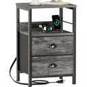 Furologee Nightstand with Charging Station, Night Stand with 2 Fabric Drawers, Side Table with USB Ports, End Table with Storage Shelf, for Living Room/Bedroom, Grey