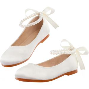 Girls Flower Girl Shoes, Mary Jane Ballet Flats with Pearl Ankle Strap, Princess Dress Shoes for Wedding Party School (Beige), 3 Big Kid
