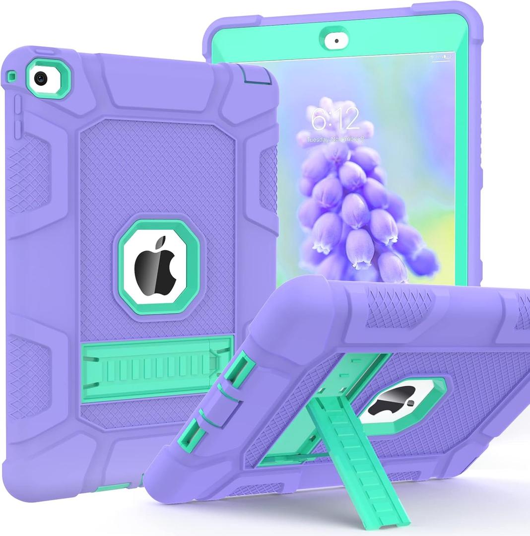 TIMISM Case for iPad Air 2nd Generation 2014, iPad Air 2 Case with Kickstand, 3 in 1 Heavy Duty Shockproof Hybrid Three Layer Protective Cover for iPad Air 2 A1566,A1567, Purple+Green
