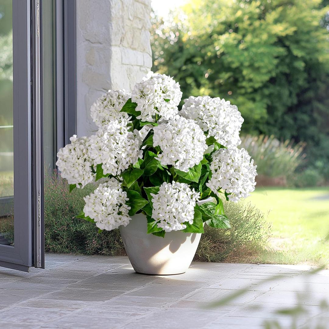 2 Set Faux Hydrangea Flowers Outdoor Large Artificial Hydrangea with UV Resistant Design Potted Plant for Front Porch Garden Patio Decor (White)