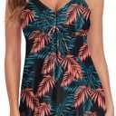 Tankini Swimsuits for Women Tummy Control Swimsuit Modest Tankini Top with Boyshort Bathing Suits Swimwear (X-Large, B Green Orange Leaf)