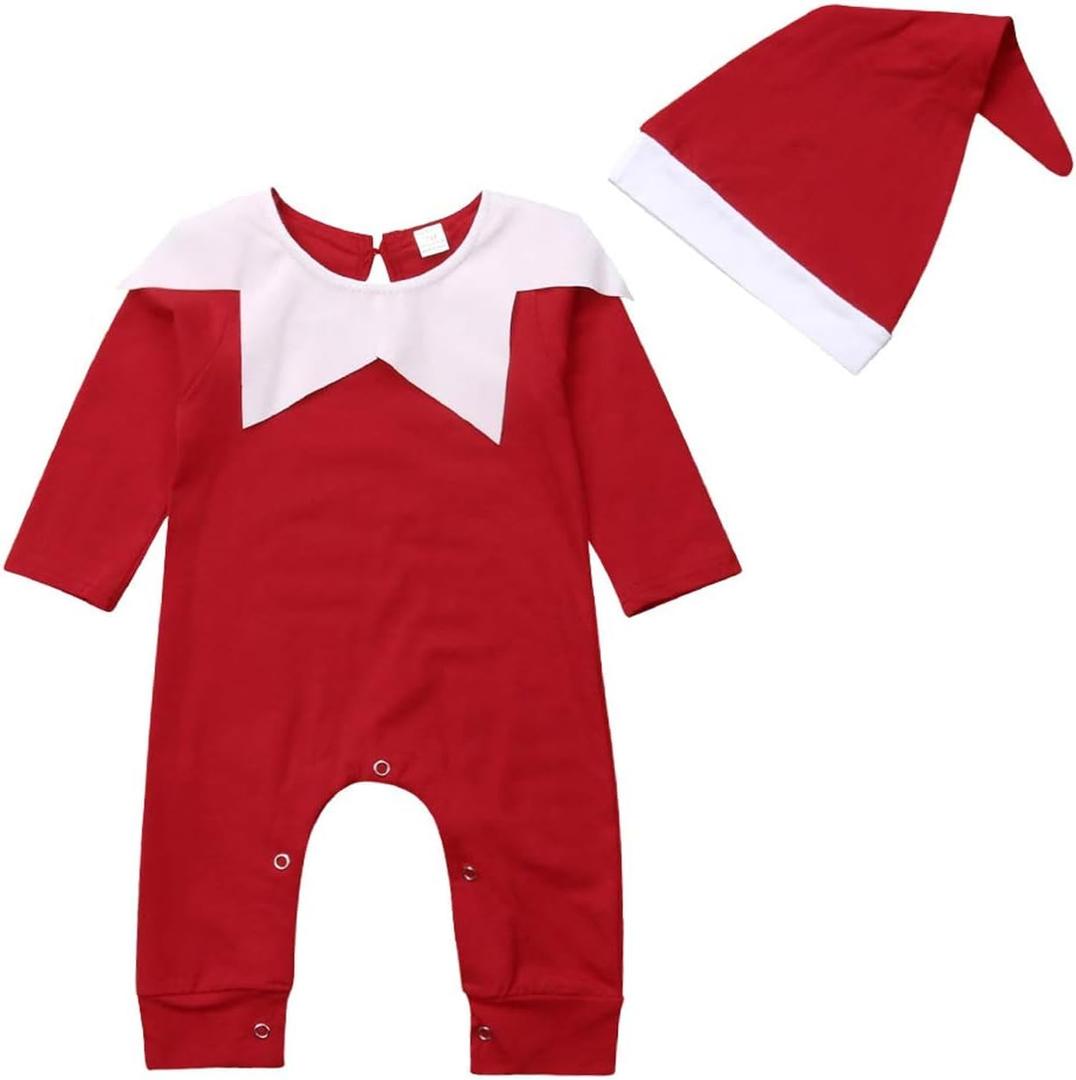 Newborn Baby Boy Girl Christmas Outfit Elf Santa Claus Costumes with Hat Toddler Infant Romper Onesie Elf Costume (0-6 Months)