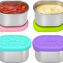 SOPHICO Stainless Steel Salad Dressing Condiment Containers with Leakproof Silicone Lids, 3 oz Mini Small Sauce and Portion Box for Kids Lunch to Go for Snack, Sauce (MIX, 4 PACK) 2.9 x 2 x 1.9 inches
