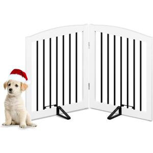 PUPETPO Freestanding Pet Gate for Dogs, Foldable Wooden Dog Gate for House, Indoor Pet Barrier for Stairs, Doorways, Support Feet Included, 24" Height 2 Panels, White