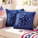 Hahafelt 2 Pack 4th of July Pillow Covers 18 x 18 Inch White and Blue Patriotic Throw Pillow Covers Soft Plush Faux Fur Cushion Case Independence Day Decoration for Chair Sofa Bedroom Home