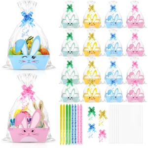 Zoketriton 24 Sets Easter Gift Basket Empty with Cellophane Bags, Bunny Cardboard Gift Basket Bulk with Pull Bows Ribbons to Fill for Spring Easter Gift Wrapping Storage Birthday Party Decor (Pink blue)
