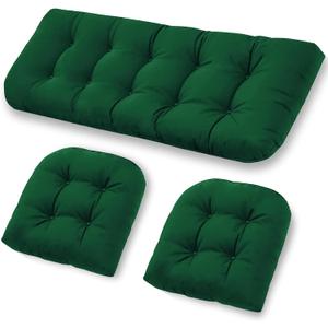 Wicker Chair Cushions Set of 3, Waterproof Outdoor Cushions Set for Patio Furniture, 1 Loveseat & 2 Seat Pads, Thick Outdoor Replacement Cushions for Porch Lawn Bench Couch Sofa, Emerald