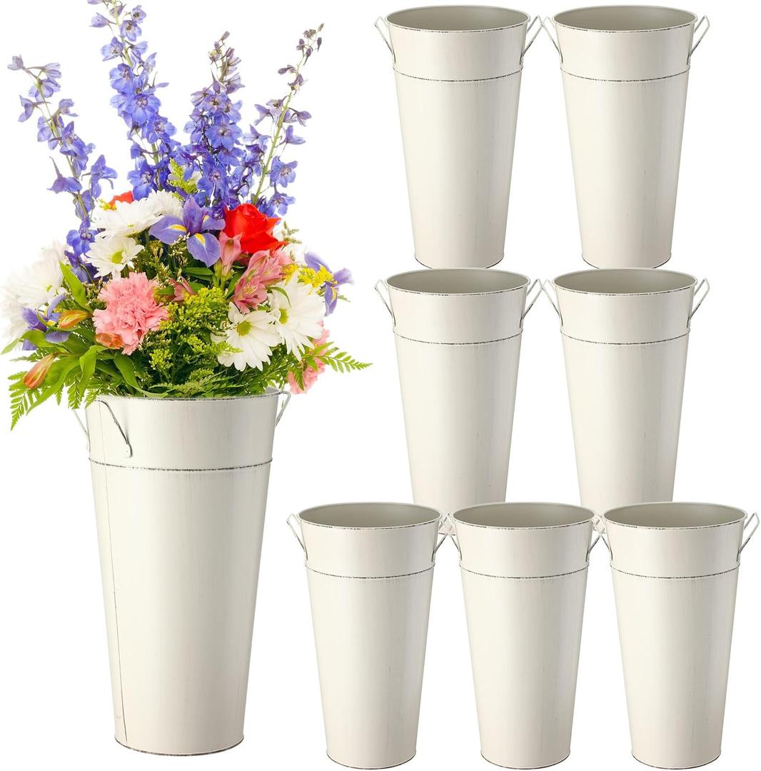 Zubebe 8 Pcs 13.8 Inch Galvanized Flower Bucket Metal Vases for Flowers Farmhouse Rustic French Flower Bucket with Handle for Wedding Centerpieces Vintage Home Dry Floral Table Decor(White)