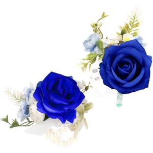 Royal Blue Corsage and Boutonniere Set, Artificial Rose Corsage Wristlet and Boutonniere for Wedding Prom Party (Royal Blue 1 Boutonniere&1 Wrist Corsage)