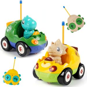 2-Pack Remote Control Dinosaur Toy Car for Kids - Birthday Gifts for Boys Toddlers Ages 18+ Months, 2 3 4 5 Year Old, Dino RC Vehicle with Lights and Music, 7.8 x 8.2 x 4.9 inches