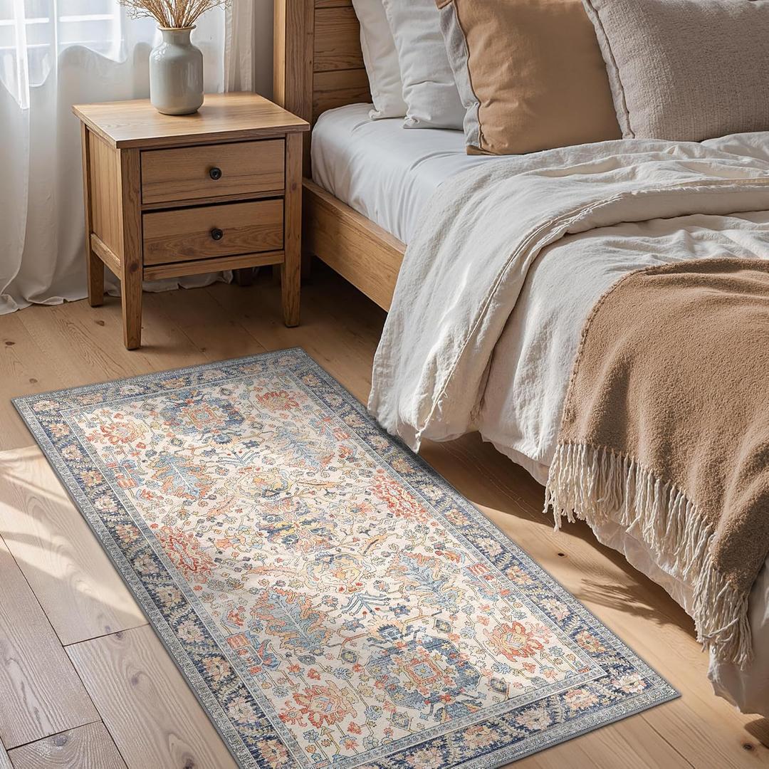 Bavni Area Rug 3x5, Non-Slip Washable Rugs for Living Room Office, Boho Distressed Printed Rug, Low Pile Foldable Decorative Carpet for Bedroom Kitchen Office, Teal/Multi