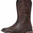 IUV Cowboy Boots For Men with Wide Square Toe Western Retro Boot Durable Classic Fashionable Embroidered Pull On Slip Resistant Boots (10.5, Coffee)