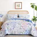 Floral Quilt Sets Queen Size Blue Quilt Set 3 Pieces Bedspreads Bedding Set Soft and Cozy Microfiber Lightweight Quilt Flower Bed Coverlet Sets for All Season(Queen 96"x90")