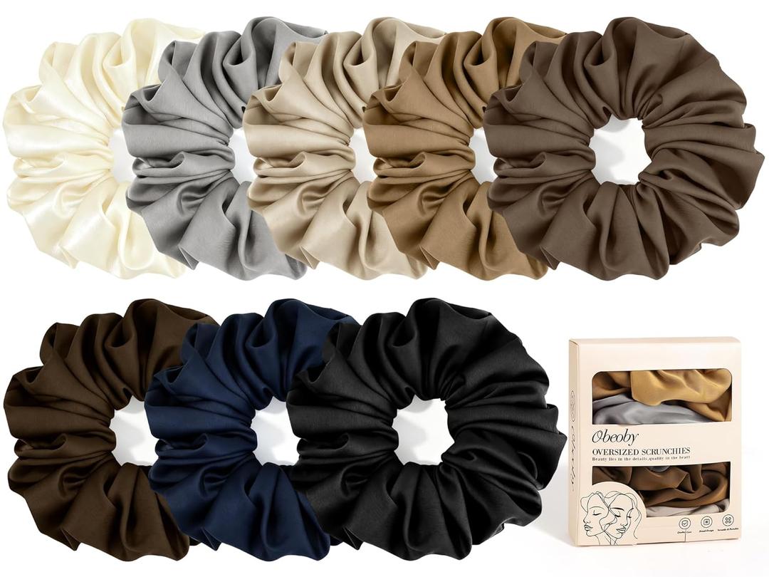 Large Satin Scrunchies, 8 Pack Sleepy Hair Tie Oversized 6inch Satin Scrunchies for Thick Hair Women Girl (Brown)