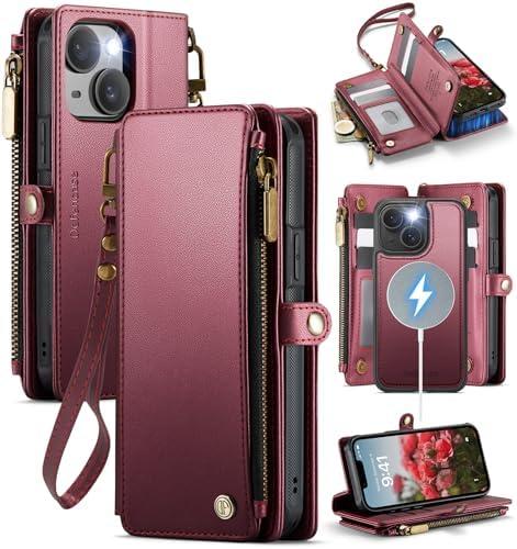 Defencase for iPhone 15 Plus Magnetic Wallet Case Compatible with Magsafe with RFID Blocking Zipper Strap Card Holder for Women Men, PU Leather Detachable Case for iPhone 15 Plus (6.7 inch), Wine Red
