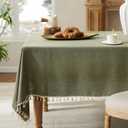 Linen Tablecloth with Tassels, Farmhouse Style Green Tablecloth, Water Resistant Burlap Tablecloths for Rectangle Table, 60x84 Inch Olive