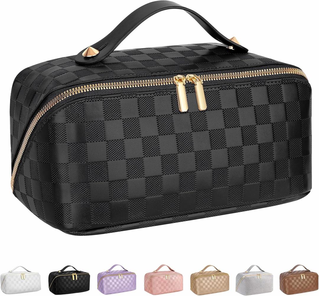 Large Capacity Travel Cosmetic Bag - Portable Makeup Bags for Women Waterproof PU Leather Checkered Makeup Organizer Bag with Dividers and Handle,Toiletry Bag for Cosmetics (Medium, black)