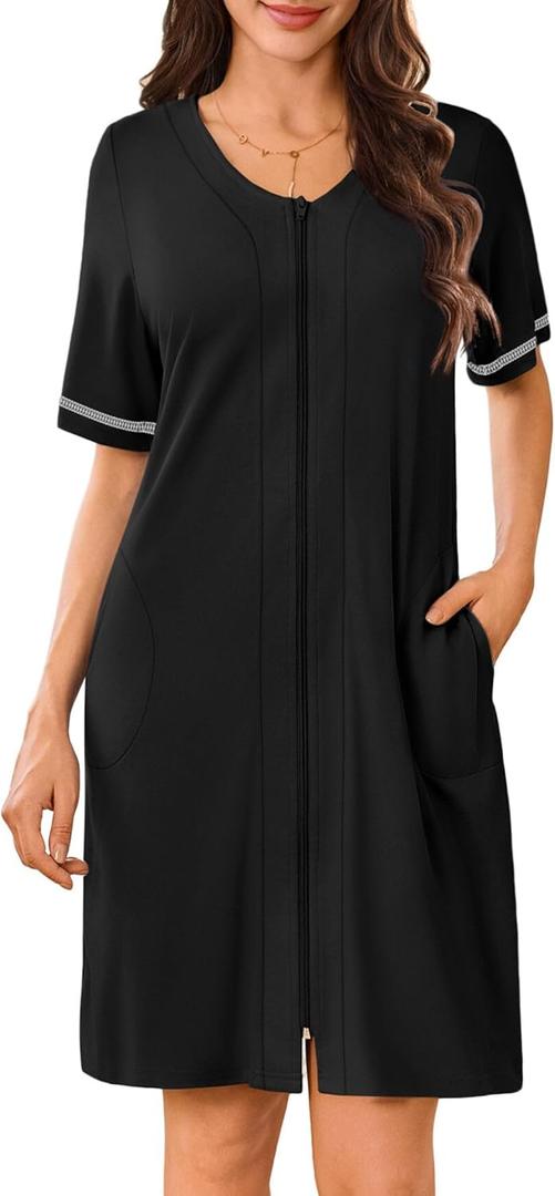 Ekouaer Women Zipper Robes Short Sleeves Housecoat Lightweight Bathrobes Zip Up Robe Casual Nightgown with Pockets S-2XL (Large, Black)