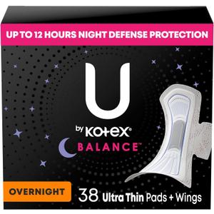 U by Kotex Balance Ultra Thin Pads with Wings, Overnight Absorbency, 38 Count