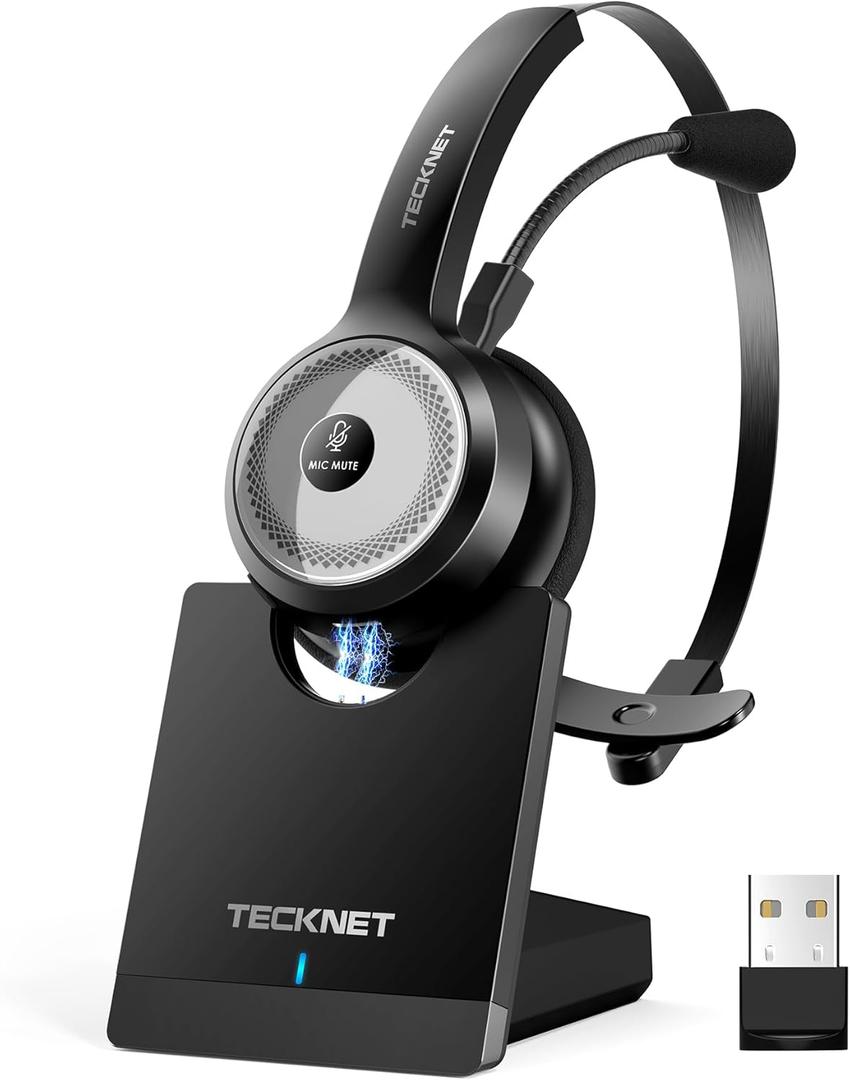 TECKNET Wireless Headset for Work, 40Hrs Worktime AI Noise Cancelling Computer Headphones with Charging Base, Bluetooth Headset with Mic & USB Dongle for PC/Laptop/Call Center