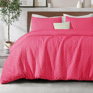 Whale Flotilla Jacquard Checkerd Extra Soft King Comforter Set - Luxury Reversible Microfiber Oversized Comforters Bedding Set with 2 Pillowcases - Lightweight Duvet for All Seasons, Hot Pink (King(90"X104"))