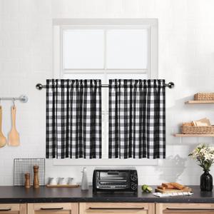Buffalo Plaid Gingham Half Window Cafe Tier Curtains, Farmhouse Check Tiers Curtain for Kitchen Bathroom Living Room Window, 28" x 36", Black/White, Set of 2