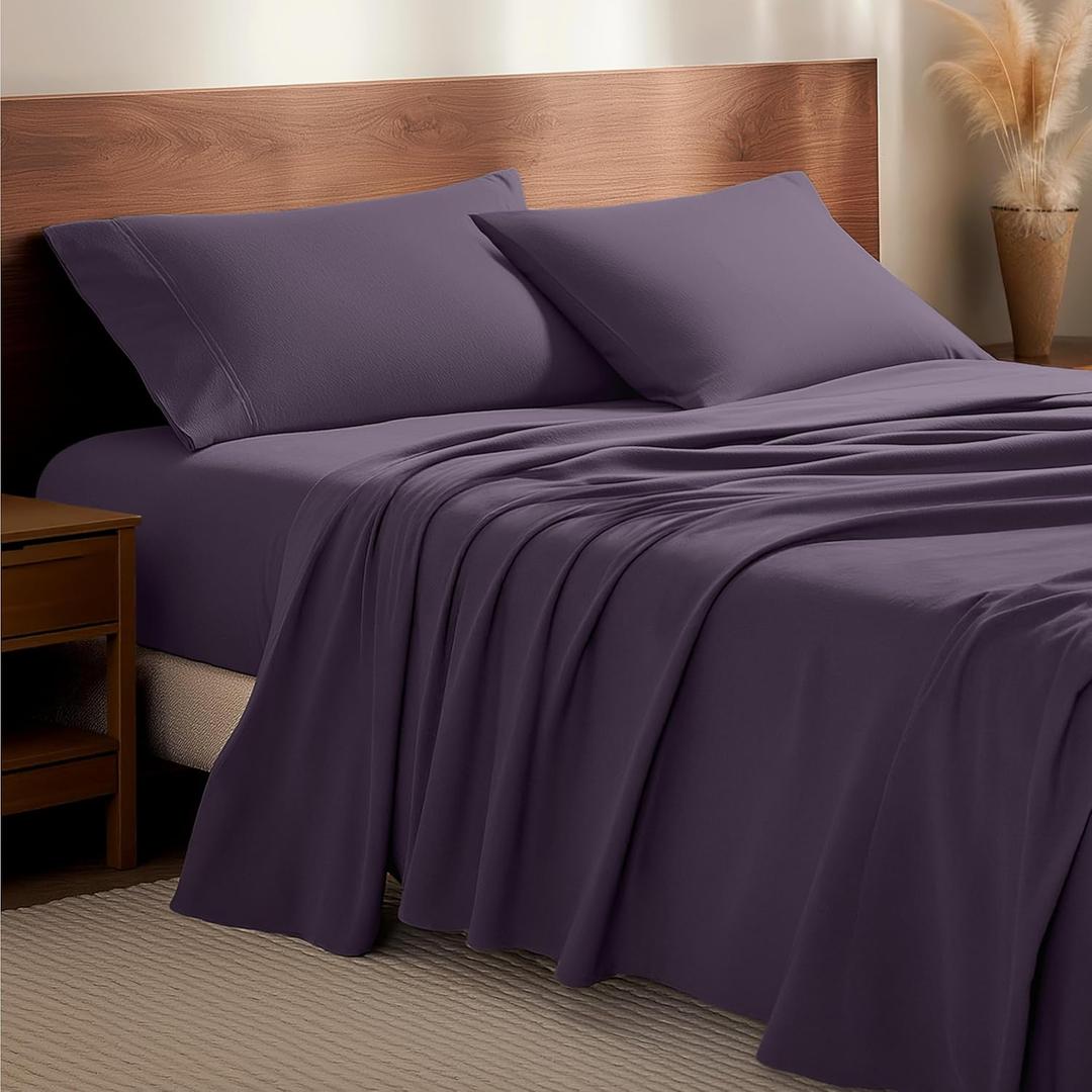 Bare Home Flannel Sheet Set 100% Cotton, Velvety Soft Heavyweight - Double Brushed Flannel - Deep Pocket (Queen, Eggplant)