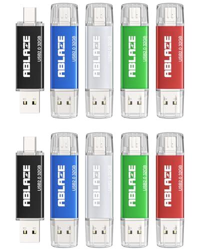 ABLAZE 32GB Type C Flash Drive 10 Pack, Dual USB 2.0+USB C Memory Stick Thumb Drive Compatible with iPhone 16/ 15, Android Smartphone, Computers, Tablets, Mac, iPad, PC