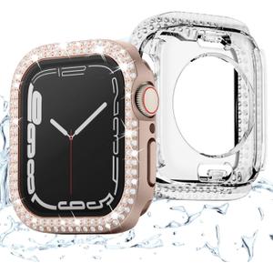 2-Pack 2-in-1 Waterproof Bling Case for Apple Watch 40mm Series 6 SE 5 4 with Tempered Glass Screen Protector, Crystal Diamonds Rhinestone Overall Durable Cover Front & Back Bumper for iWatch 40mm