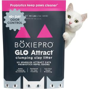 Boxie Glo Clumping Clay 30 Day Odor Control Cat Litter, 99.9% Dust-Free, Low Tracking, UV Light Attractant, 40 lb