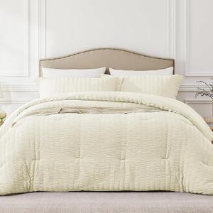 Cream Oversized Queen Comforter Set - 3 Pieces Seersucker Lightweight Bedding Comforter Sets (1 Soft Fluffy Comforter & 2 Pillowcases) - All Seasons Cozy Farmhouse Bed Sets for Women Men
