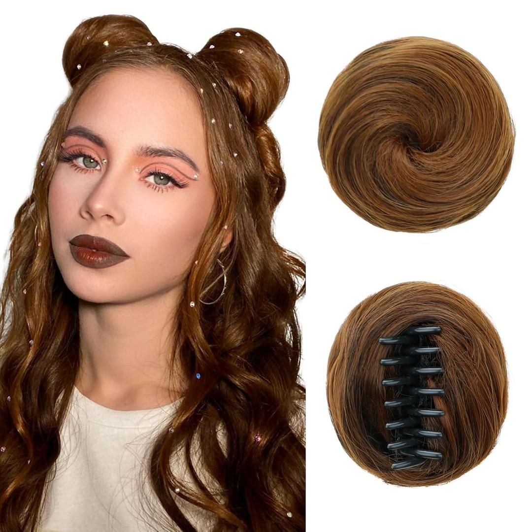 Space Bun Hair Pieces 2PCS Mini Claw Clip in Messy Fake Hair Bun Extensions Accessory Updo Hairpieces for Women Girls Daily Party Use, Dark Auburn
