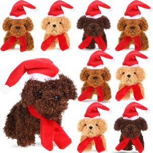 Aoriher 8 Pcs Christmas Stuffed Dog 5.5 Inch Christmas Puppy Mini Stuffed Puppy with Santa Hat Small Dog with Red Scarf Xmas Animal for Party Favor Gift(Assorted Brown)