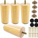 4 Inches Round Solid Wood Furniture Legs Set of 4, Natural Wooden Replacement Feet with Threaded 5/16'' Hanger Bolts for Sofa, Couch, Armchair, Cabinet, TV Stand, Ottoman and Dresser