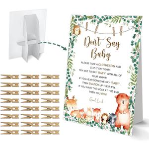 Don't Say Baby Clothespin Game, Woodland Animals Baby Shower Game, One 8x11 Sign and 50 Mini Natural Clothespins, Gender Neutral, Baby Shower Decoration - MJZ02