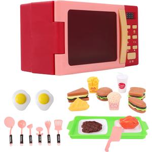 Toy Microwave Oven Playset with Light and Sound, Toy Kitchen Appliances for Kids, Play Kitchen Accessories and Toy Food for Toddlers 3 Year Old Up Girls Boys, Red