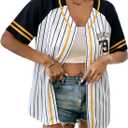 Baseball Jersey Women Baseball Shirts Baseball Team Jerseys Game Day Striped Button Down Short Sleeve Tops (M)