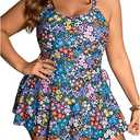 SOLY HUX Women's Plus Size Tankini Swimsuits Floral Print Swim Dress and Bikini Bottom Two Piece Bathing Suit 1XL