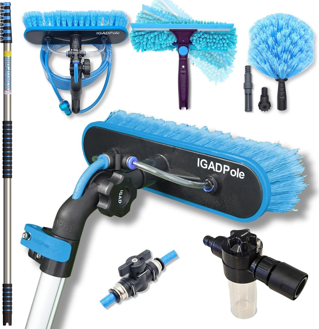 24ft IGADPole Washing Kit: Water-fed Brush, Cobweb Duster and 10 Squeegee and Soap Dispenser, with 6-Stage Telescoping Pole 5-24ft Pole