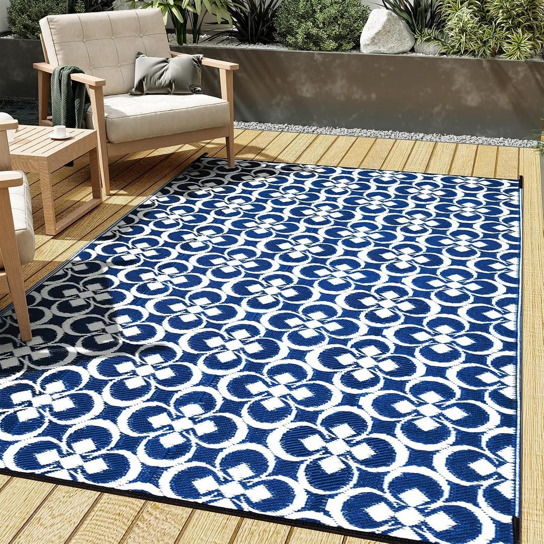 HUGEAR Outdoor Plastic Straw Rug, Waterproof Outdoor Rugs for Patios Clearance, Reversible Area Rug, Large Outside Carpet for Camping, Balcony, RV, Deck, Picnic, Beach (5x8ft Clover/Blue&White)