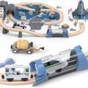 82 Pcs Wooden Train Set for Toddlers, Magnetic Train with Track for Kids Ages 3-6, Compatiable with Major Brands, Space Railway Playset Gifts for Boys and Girls Ages 3+