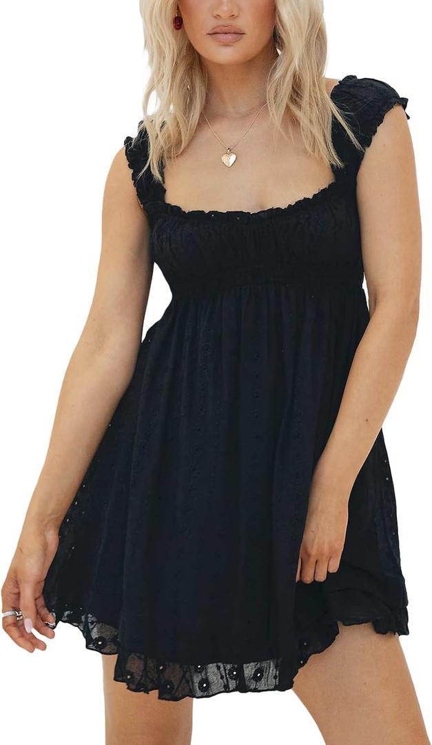 Women's Babydoll Mini Dress Floral Embroidery Summer Sleeveless Loose A Line Flowy Short Sundress for Beach Club Party, S