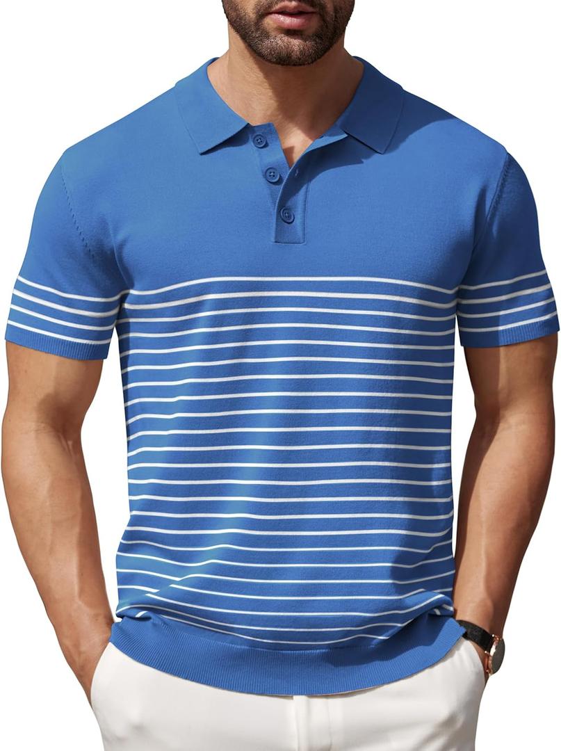 COOFANDY Men's Knit Polo Shirts Short Sleeve Striped Golf Polo Shirts Lightweight Casual Collared T Shirt (Large, Blue (White Stripes))