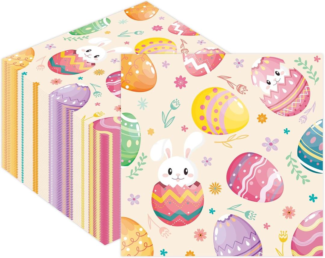 2 x 50PCS Easter Eggs Paper Napkins - 6.5 x 6.5 Inch Watercolor Bunny Egg Luncheon Napkins Disposable Dinner Supplies for Easter Birthday Party Decorations