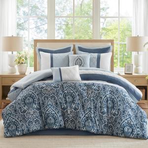 510 DESIGN Luxe Quilted Comforter Set Modern Transitional Design, All Season Down Alternative Warm Bedding Matching Shams, Bedskirt, Decorative Pillow, King, Shawnee Scrollwork Blue