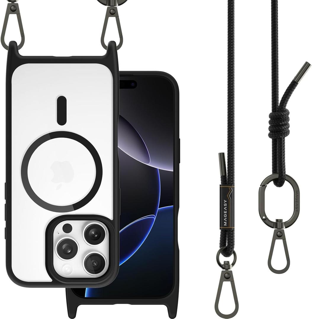 MAGEASY Case for iPhone 16 Pro 6.3" - Case with Crossbody Strap, 16ft Drop Protection, Compatible with MagSafe | Roam M (Black)