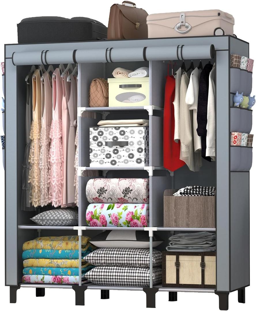 Portable Wardrobe with 10 Storage Racks and 2 Hanging Poles, 6 Side Pockets Non-Woven Cover, Size 130 x 45 x 172 cm, Bedroom Closet Organizer (Gray) (1 Year Ash)